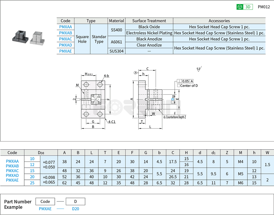 Brackets for Stands - Clamp Type, Square Flange, Square Hole Drawing/Specifications