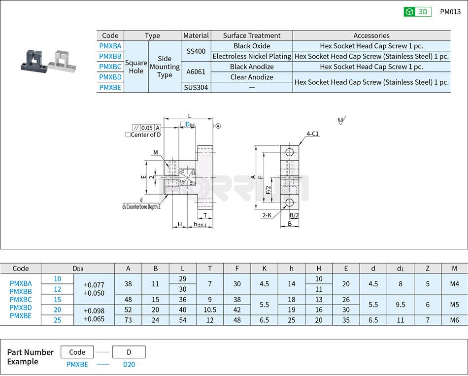 Brackets for Stands - Clamp Type, Square Hole, Side Mounting Type Drawing/Specifications