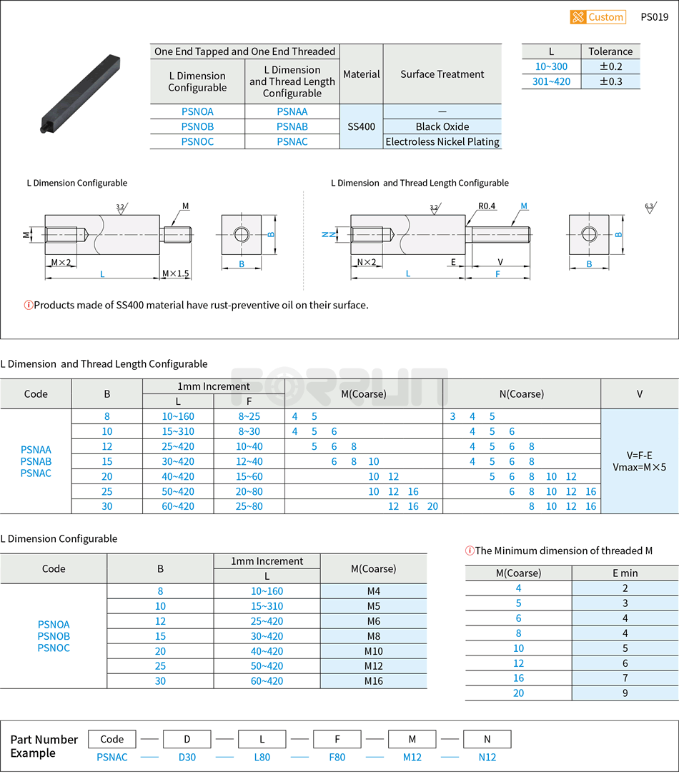 Square Standoffs - One End Tapped and One End Threaded, Configurable Thread Length Drawing/Specifications