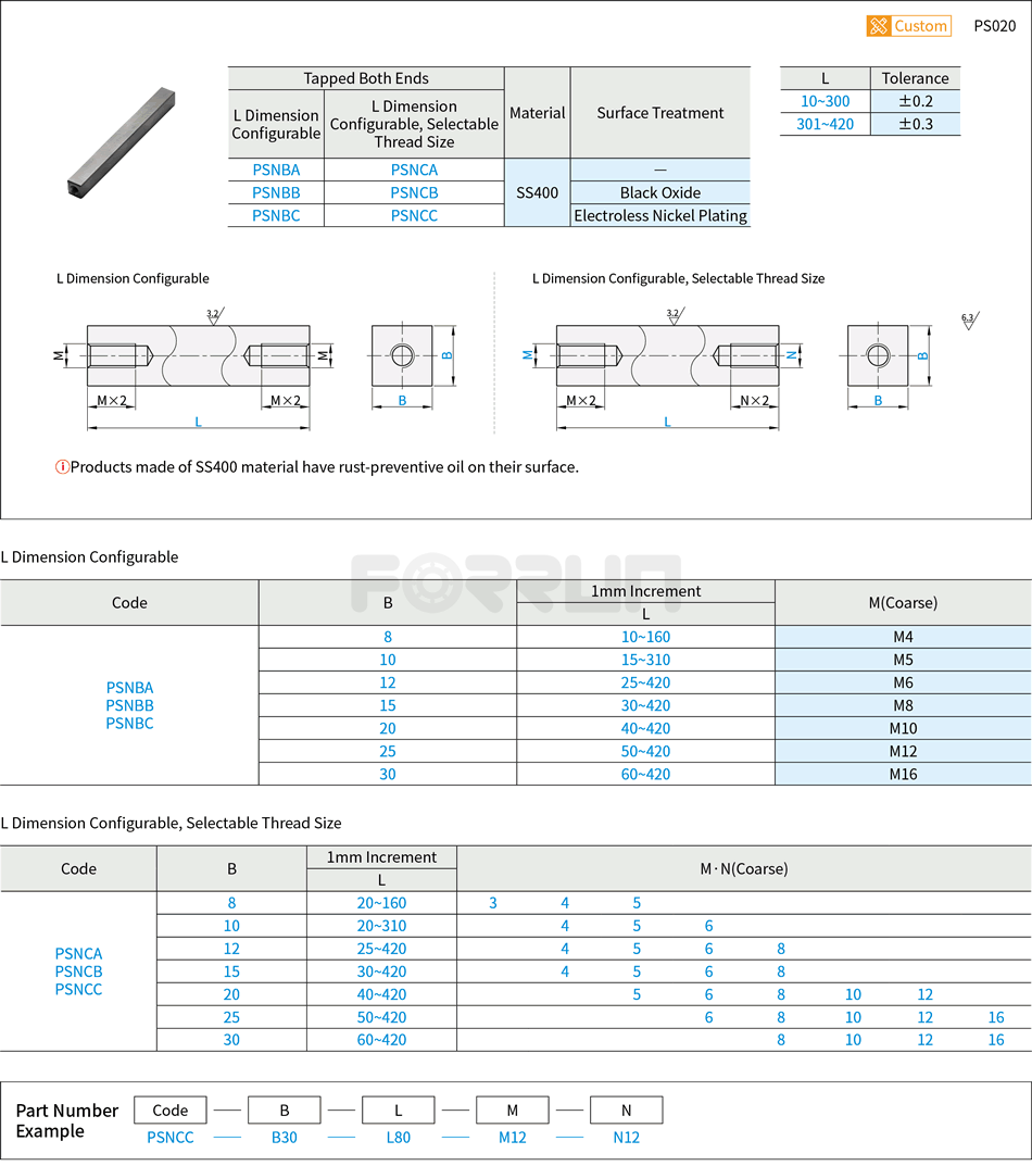 Square Standoffs - Tapped Both Ends, Selectable Thread Size Drawing/Specifications