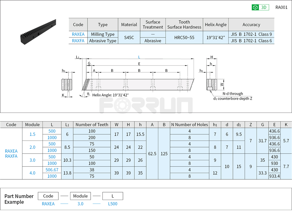 Helical Rack Gear, L Fixed Type, Module 1.5, 2.0, 3.0, 4.0 Drawing/Specifications