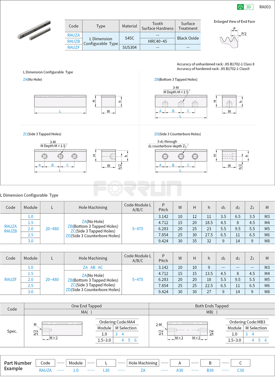 Rack Gears - Pressure Angle 20°, Configurable L Dimension, Module 1.0, 1.5, 2.0, 2.5, 3.0 Drawing/Specifications