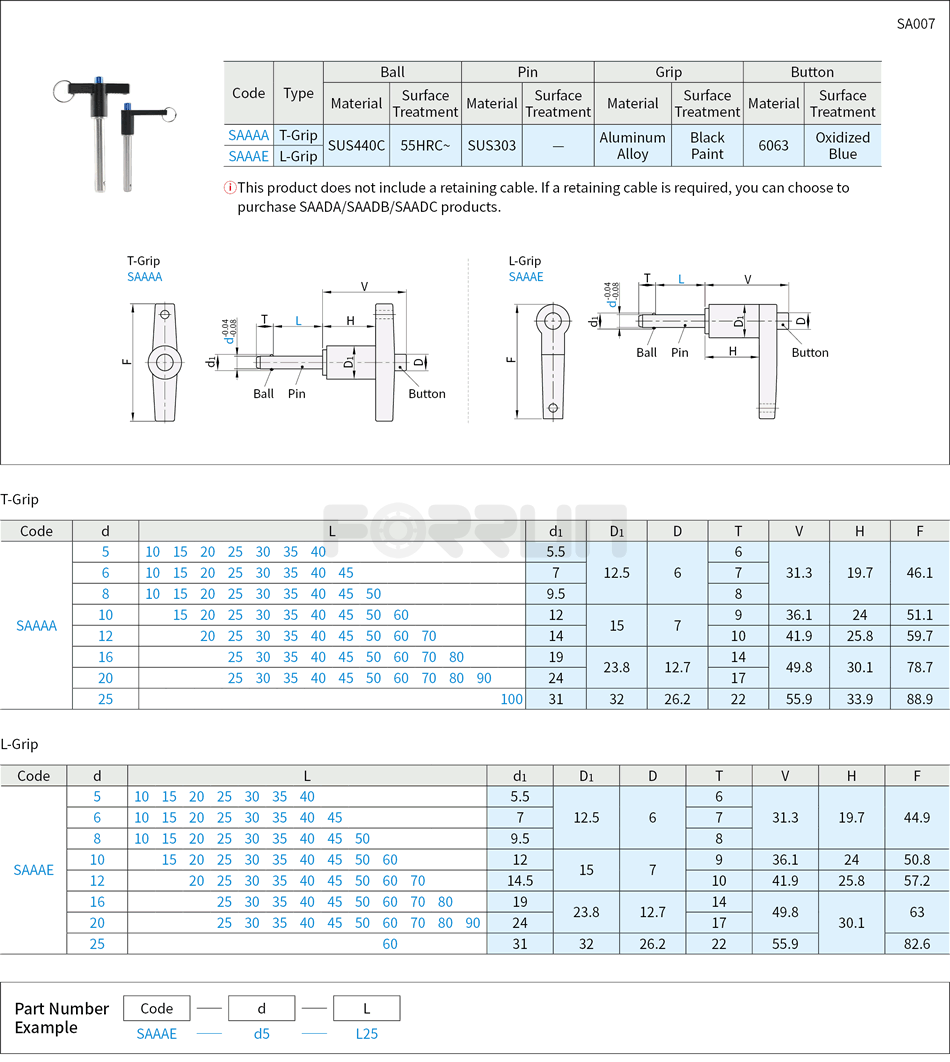 Ball Lock Pins - with T-Grip or L-Grip Drawing/Specifications