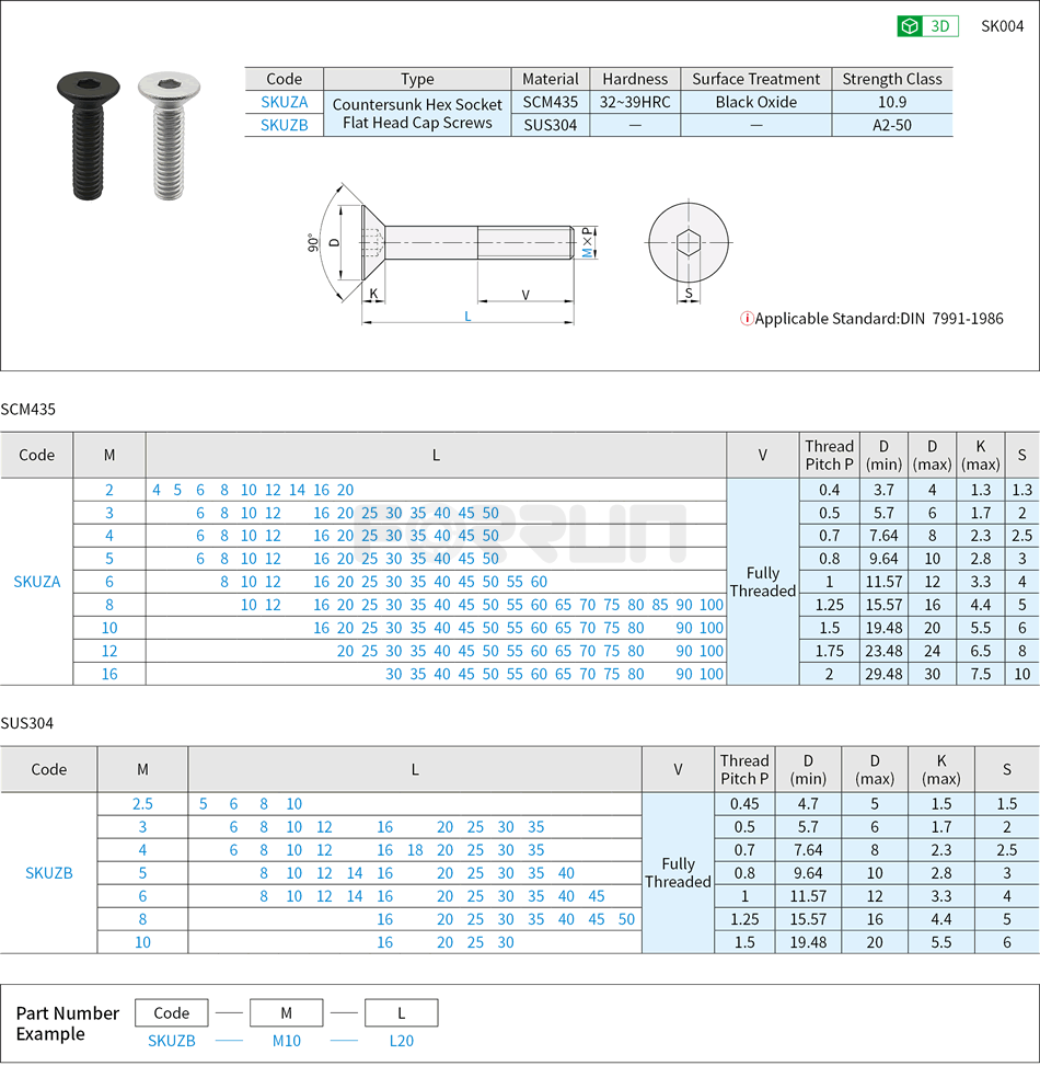 Countersunk Hex Socket Flat Head Cap Screws Drawing/Specifications
