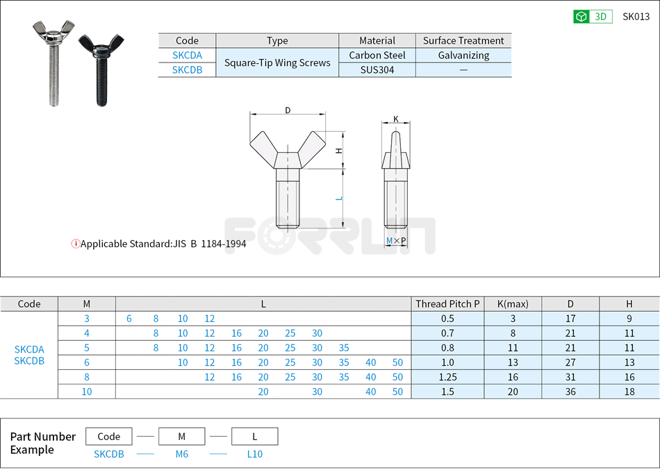 Square-Tip Wing Screws Drawing/Specifications
