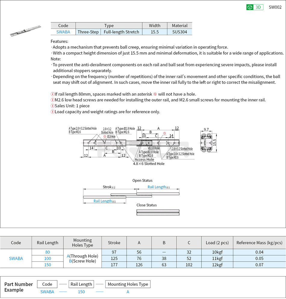 Telescopic Slide Rails - Light Load, 15 Series, Three-Step, SUS304 Drawing/Specifications