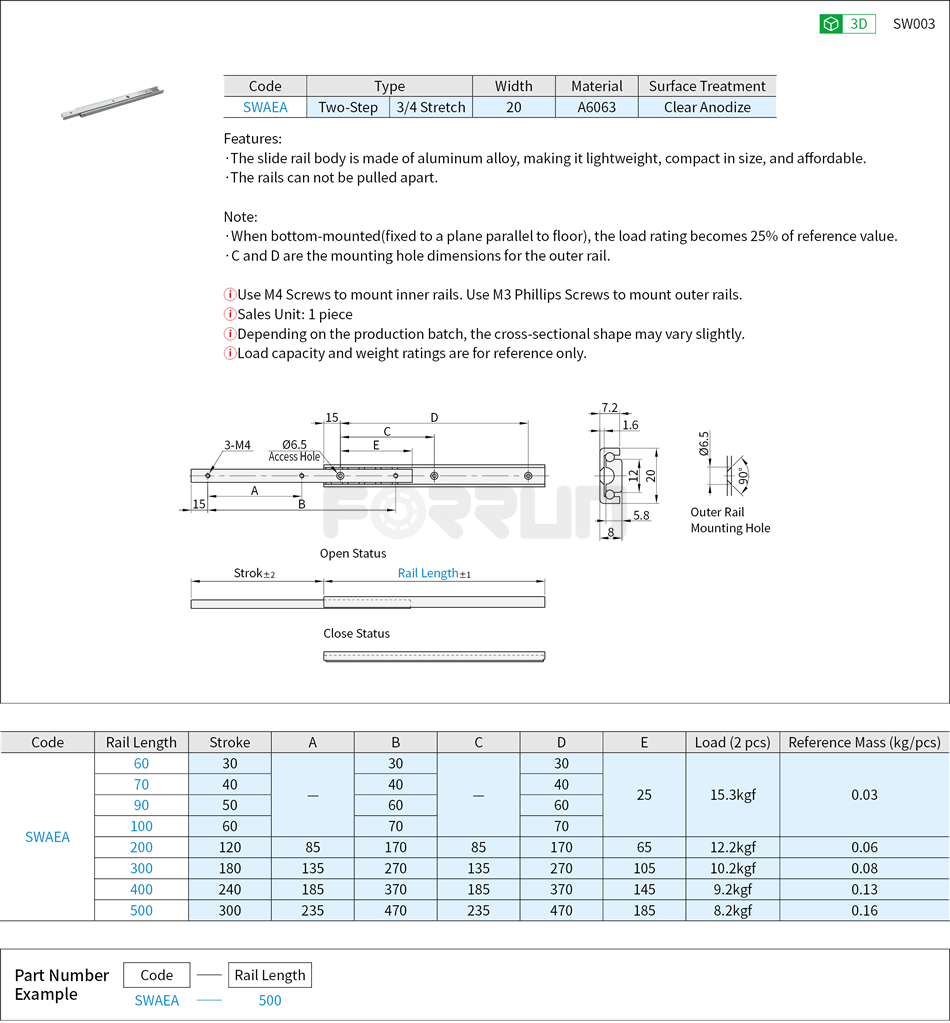 Telescopic Slide Rails - Light Load, 20 Series, Two-Step, Aluminum Drawing/Specifications