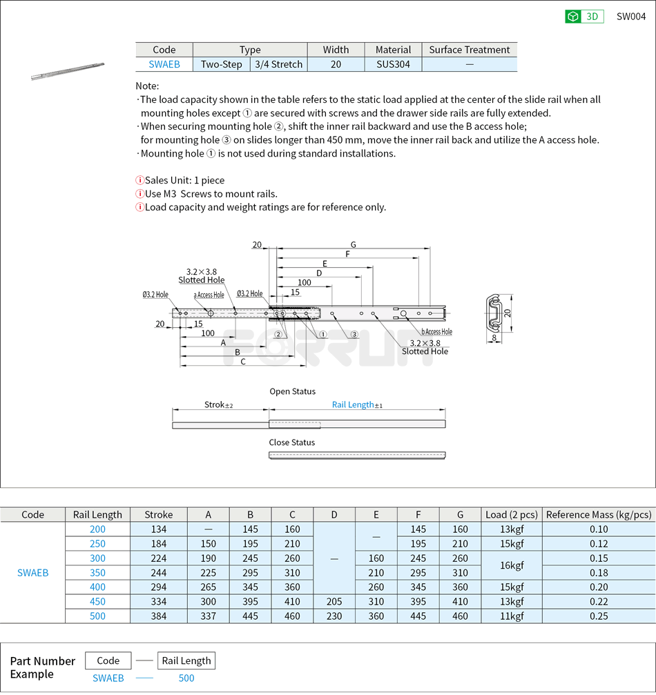Telescopic Slide Rails - Light Load, 20 Series, Two-Step, SUS304 Drawing/Specifications