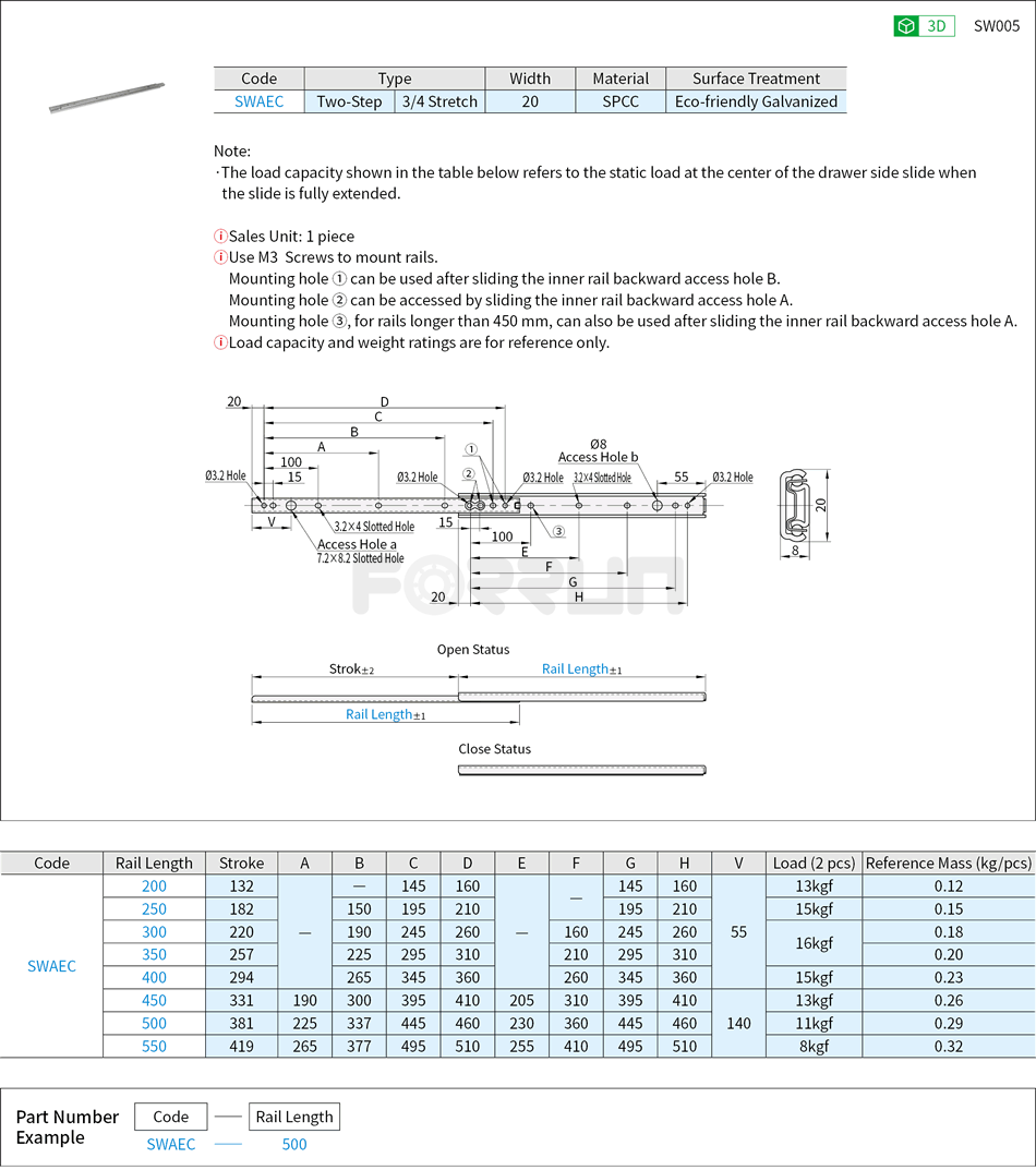 Telescopic Slide Rails - Light Load, 20 Series, Two-Step, Steel Drawing/Specifications