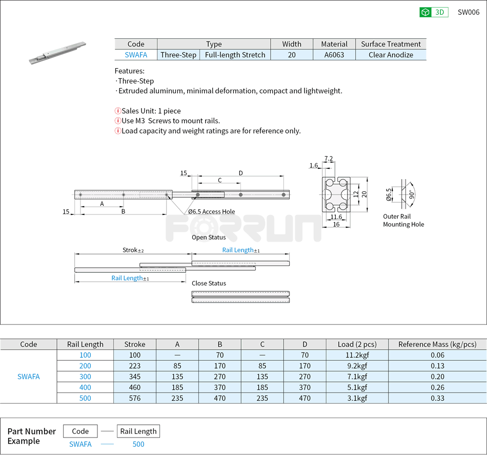 Telescopic Slide Rails - Light Load, 20 Series, Three-Step, Aluminum Drawing/Specifications