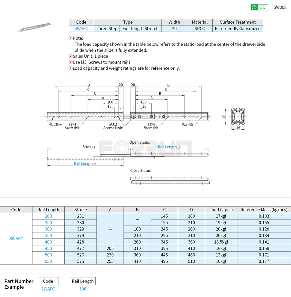Telescopic Slide Rails - Light Load, 20 Series, Three-Step, Steel Drawing/Specifications