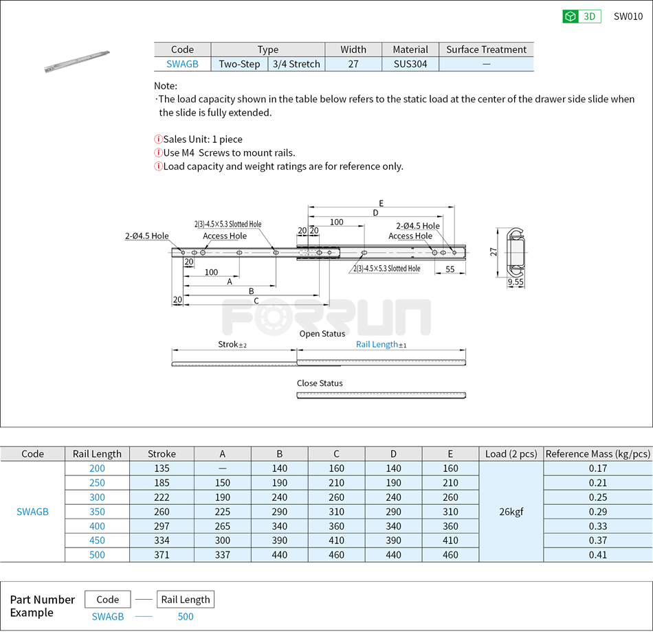 Telescopic Slide Rails - Light Load, Metric 27 Series, Two-Step, SUS304 Drawing/Specifications