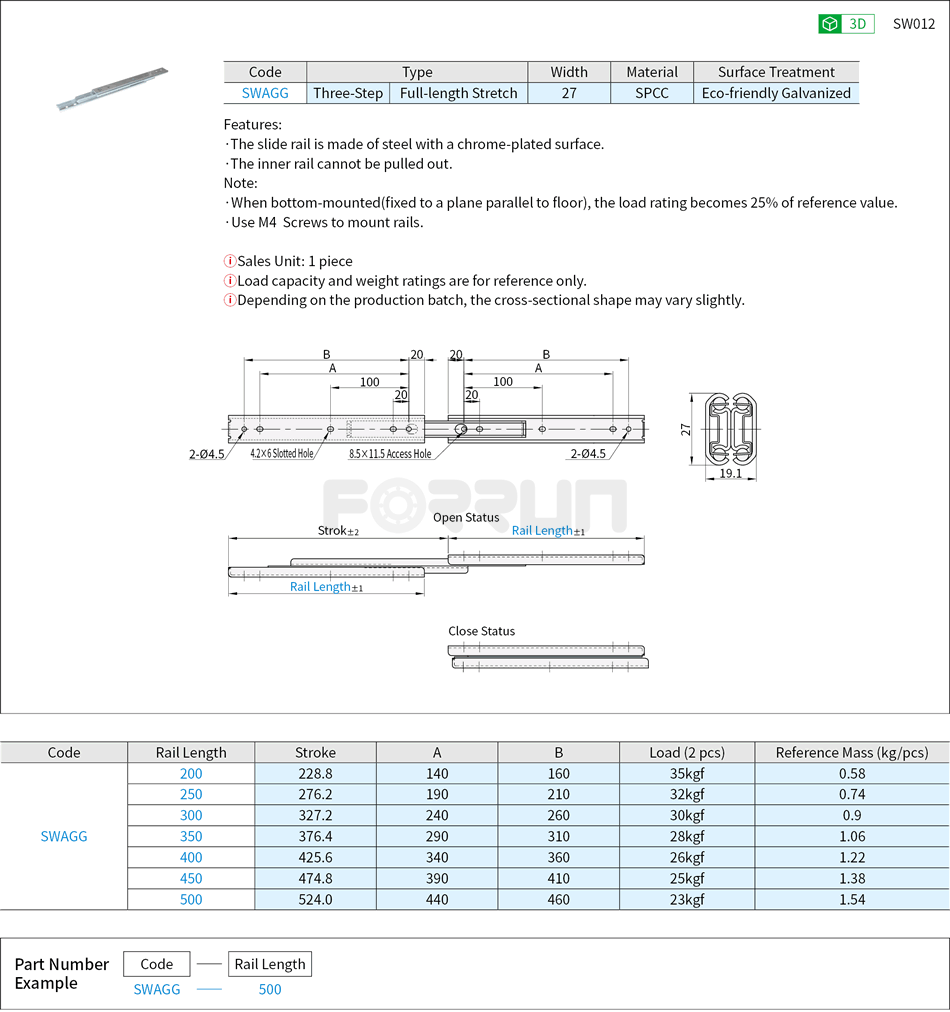 Telescopic Slide Rails - Light Load, Metric 27 Series, Three-Step, Steel Drawing/Specifications