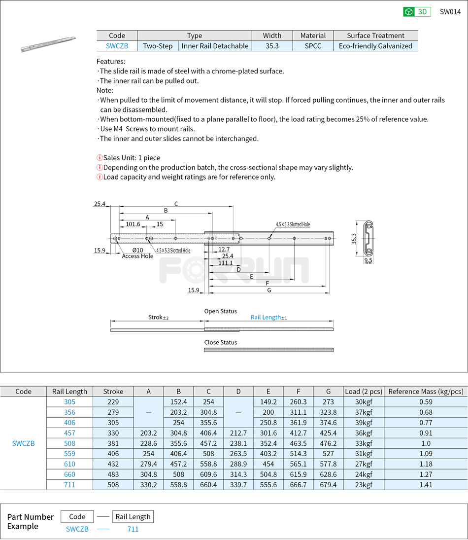 Telescopic Slide Rails - Medium Load, 35 Series, Two-Step, Steel Drawing/Specifications