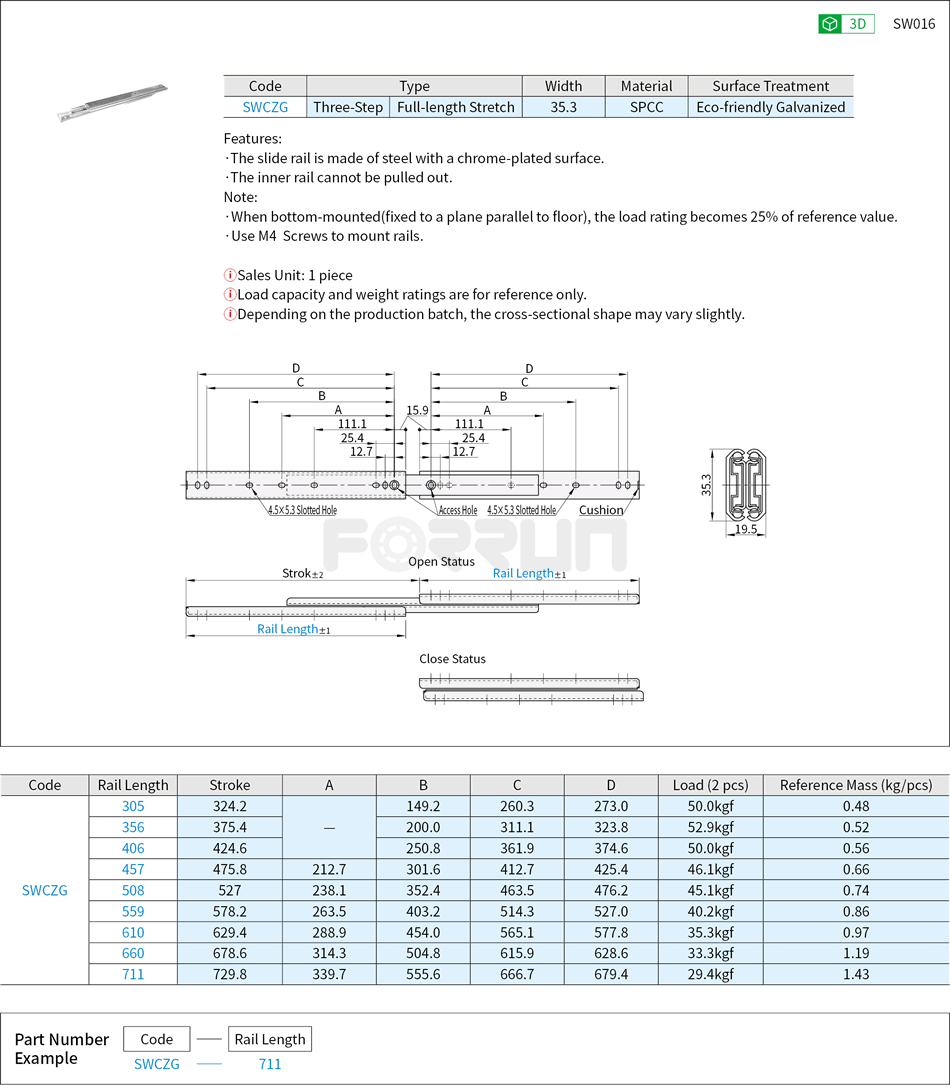 Telescopic Slide Rails - Medium Load, 35 Series, Three-Step, Steel Drawing/Specifications