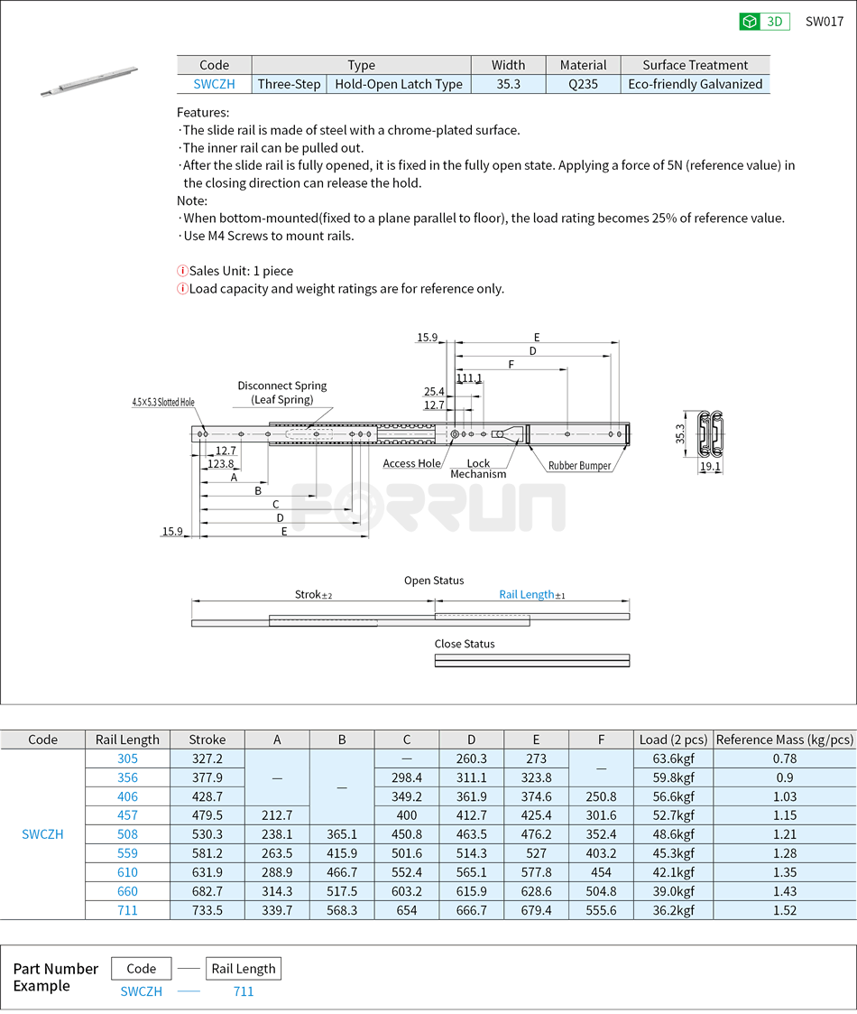 Telescopic Slide Rails - Medium Load, 35 Series, Three-Step, With Lock Mechanism Drawing/Specifications