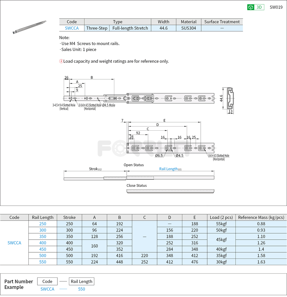 Telescopic Slide Rails - Medium Load, 44 Series, Three-Step Drawing/Specifications