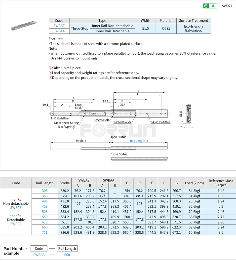 Telescopic Slide Rails - Heavy Load, 51 Series, Three-Step Drawing/Specifications