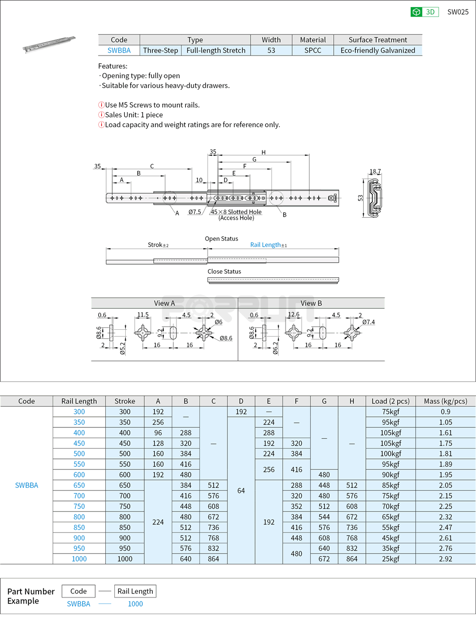 Telescopic Slide Rails - Heavy Load, 53 Series, Three-Step Drawing/Specifications