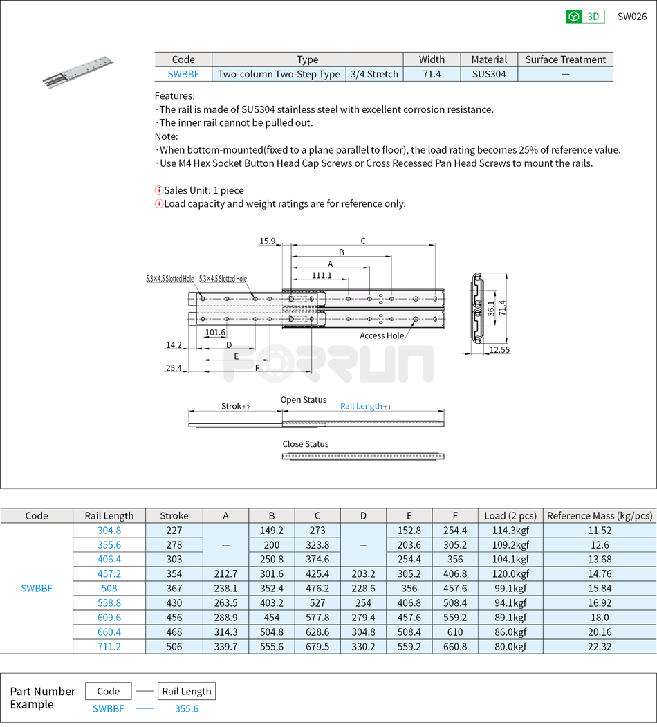 Telescopic Slide Rails - Heavy Load, 71 Series, Two-column Two-Step Drawing/Specifications