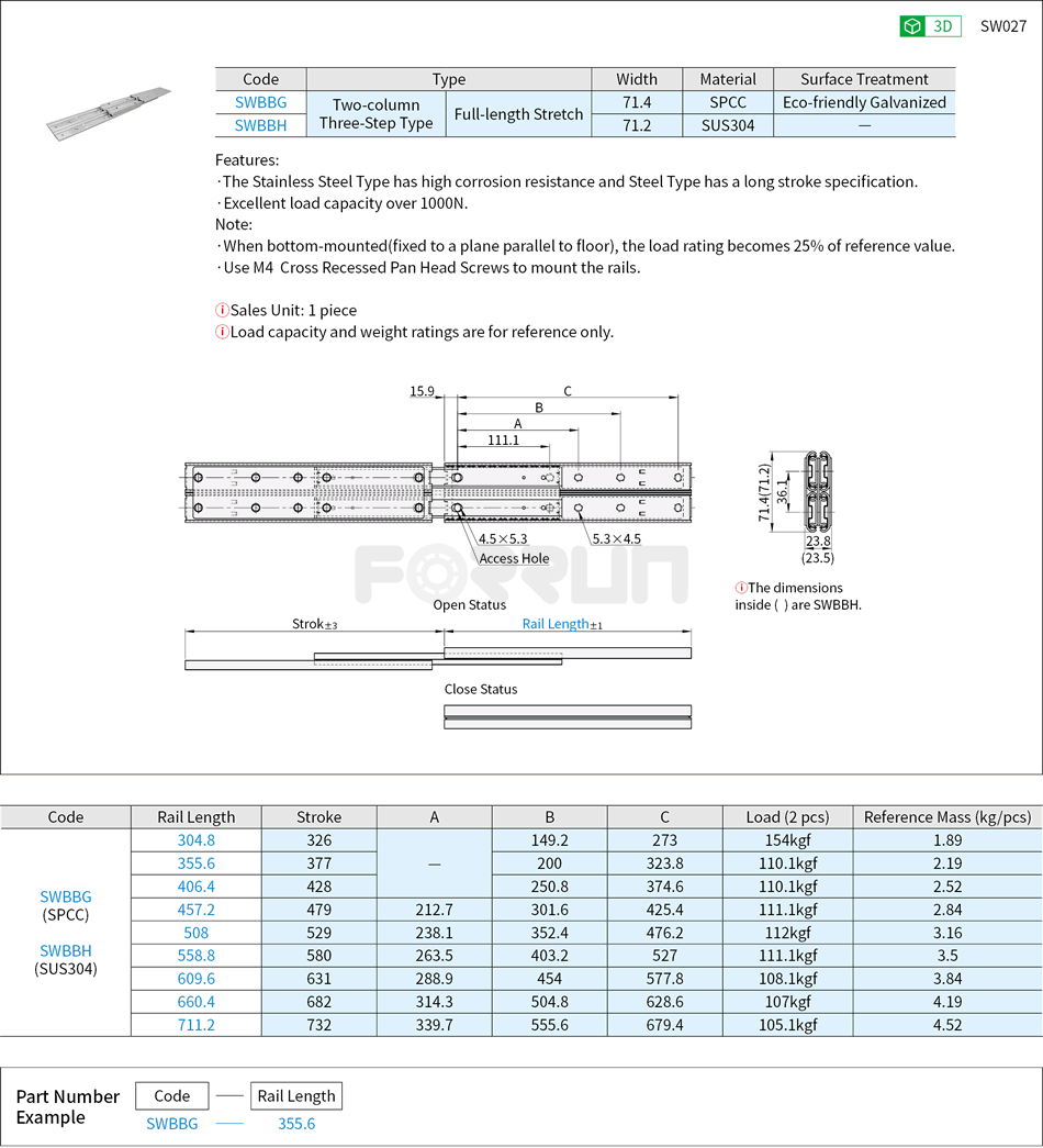 Telescopic Slide Rails - Heavy Load, 71 Series, Two-column Three-Step Drawing/Specifications