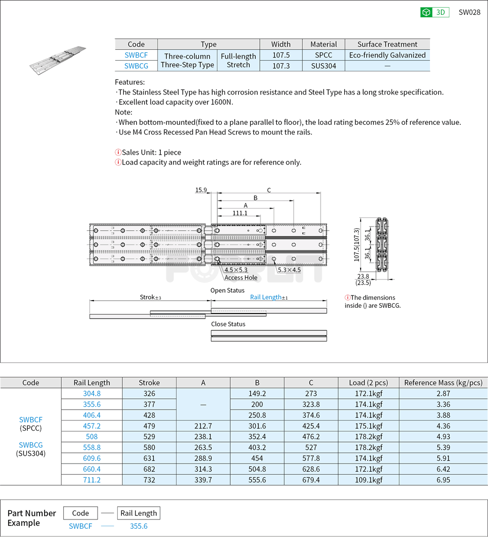 Telescopic Slide Rails - Heavy Load, 107 Series, Three-column Three-Step Drawing/Specifications