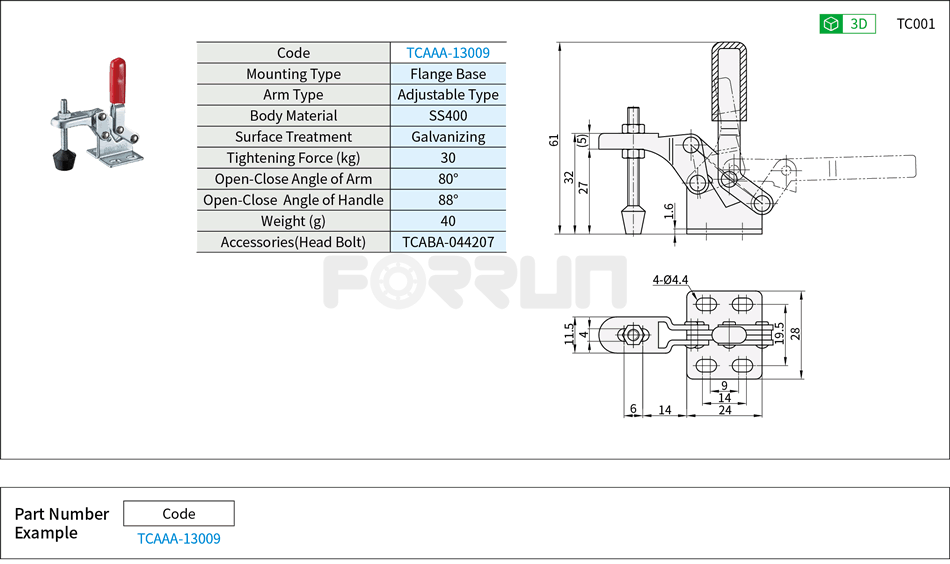 Toggle Clamp (13009)- Vertical Hold-Down, Flange Base, Tightening Force 30kg Drawing/Specifications