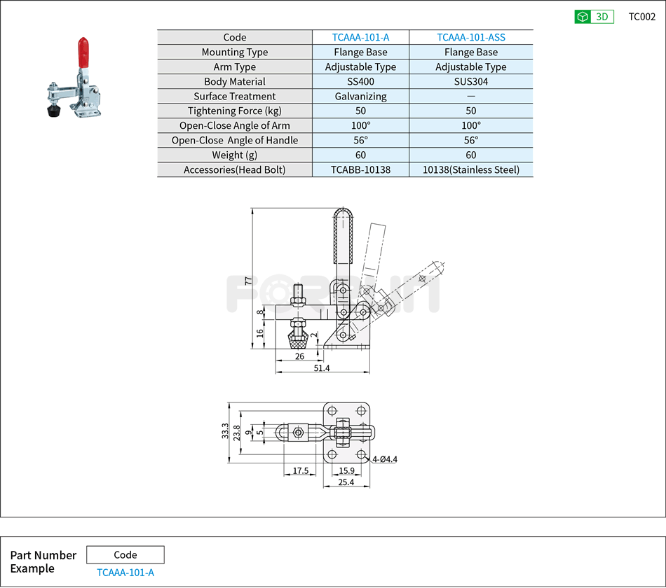 Toggle Clamp (101-A、101-ASS)- Vertical Hold-Down, Flange Base, Tightening Force 50kg Drawing/Specifications