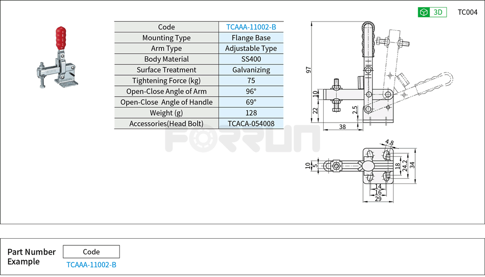 Toggle Clamp (11002-B)- Vertical Hold-Down, Flange Base, Tightening Force 75kg Drawing/Specifications