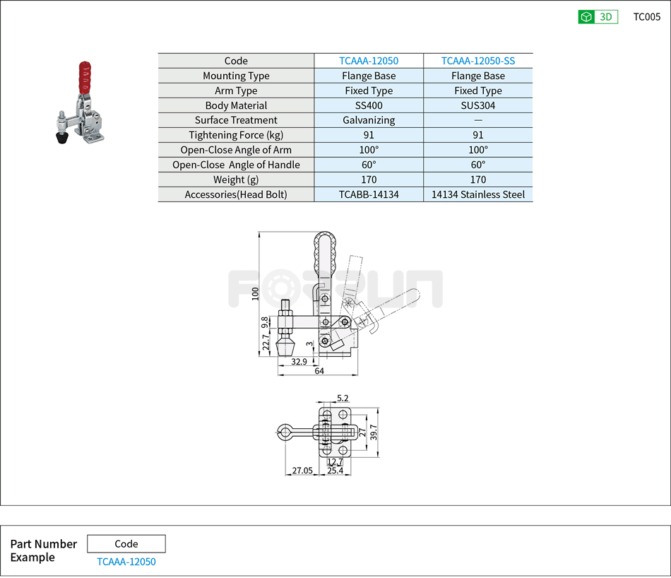 Toggle Clamp (12050、12050-SS)- Vertical Hold-Down, Flange Base, Tightening Force 91kg Drawing/Specifications