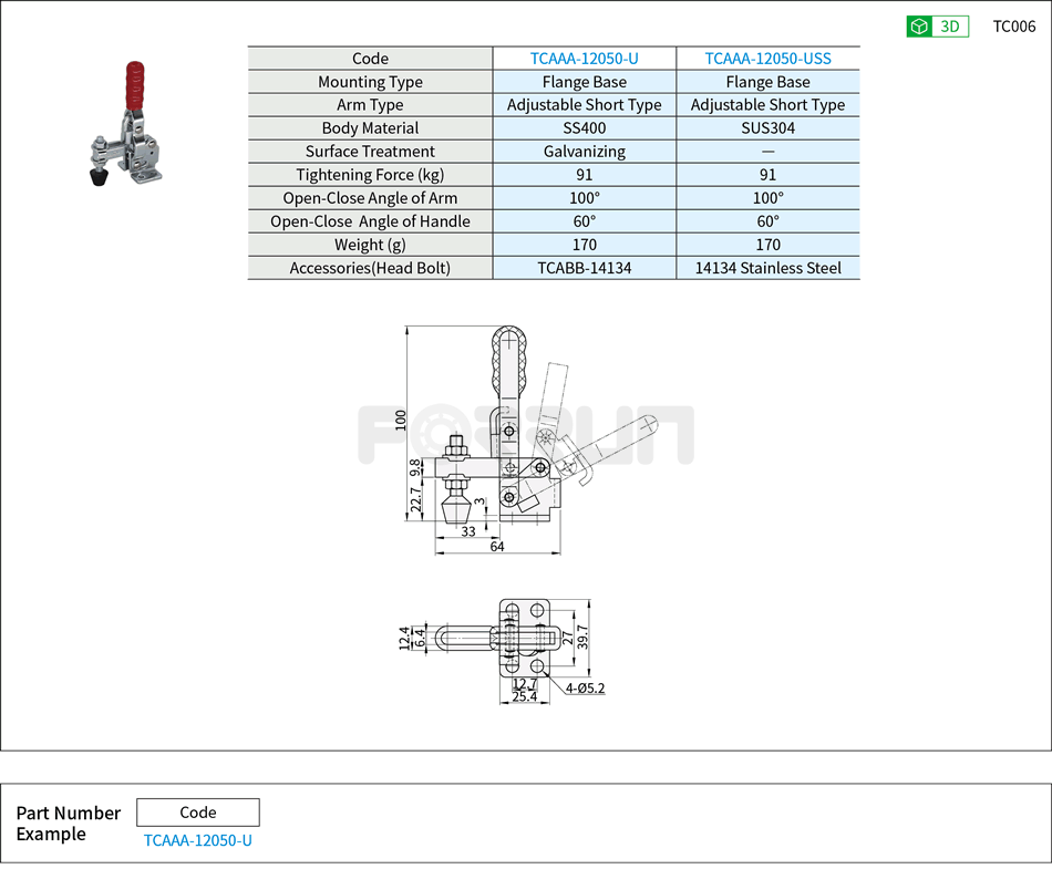 Toggle Clamp (12050-U、12050-USS)- Vertical Hold-Down, Flange Base, Tightening Force 91kg Drawing/Specifications