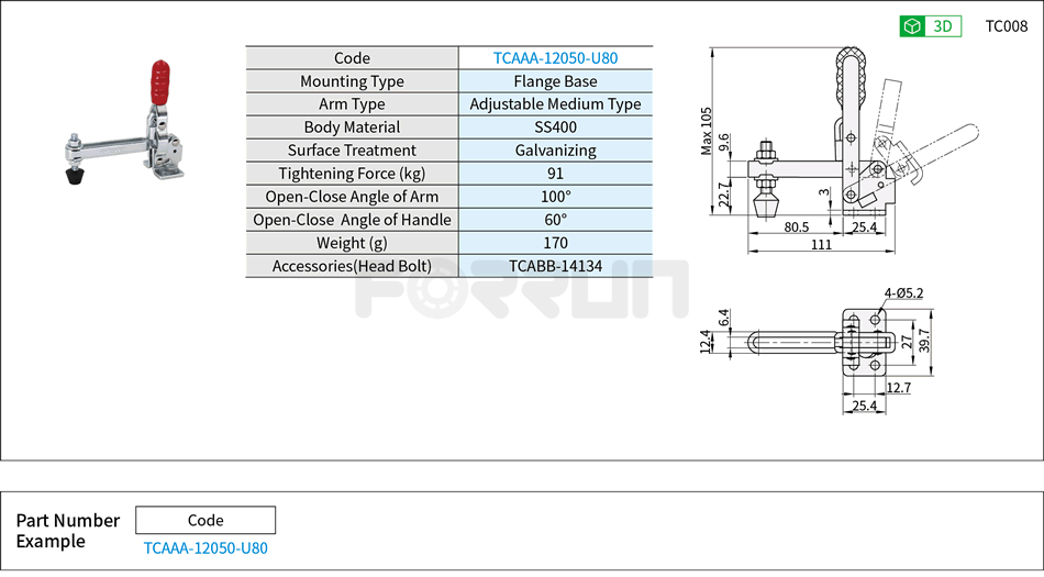 Toggle Clamp (12050-U80)- Vertical Hold-Down, Flange Base, Tightening Force 91kg Drawing/Specifications