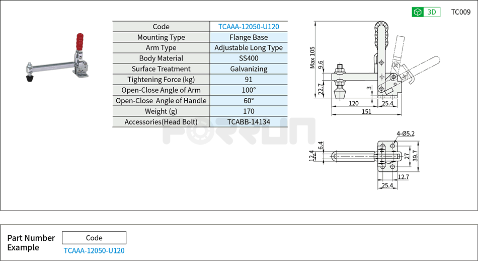 Toggle Clamp (12050-U120)- Vertical Hold-Down, Flange Base, Tightening Force 91kg Drawing/Specifications