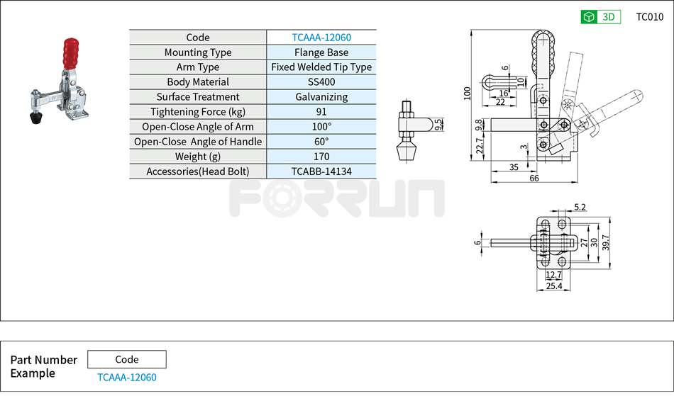 Toggle Clamp (12060)- Vertical Hold-Down, Flange Base, Tightening Force 91kg Drawing/Specifications