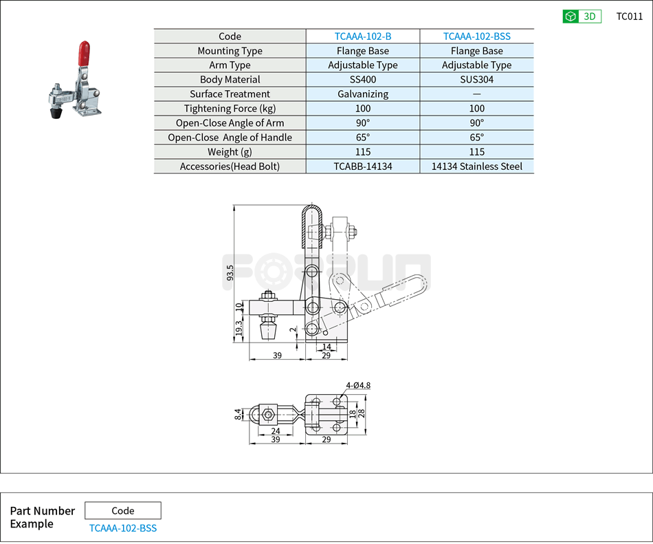 Toggle Clamp (102-B、102-BSS)- Vertical Hold-Down, Flange Base, Tightening Force 100kg Drawing/Specifications