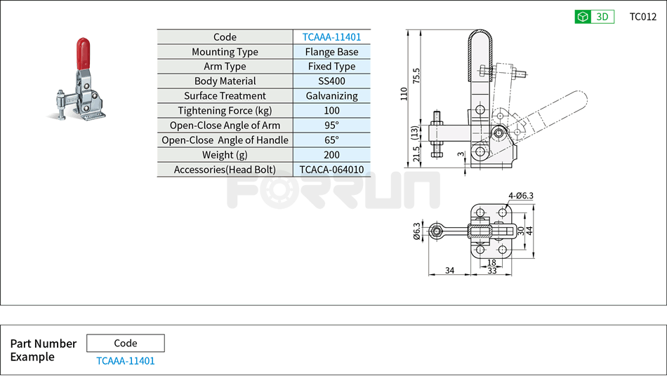 Toggle Clamp (11401)- Vertical Hold-Down, Flange Base, Tightening Force 100kg Drawing/Specifications