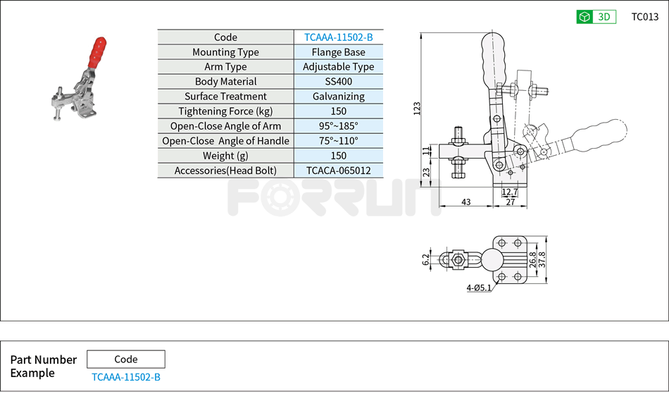 Toggle Clamp (11502-B)- Vertical Hold-Down, Flange Base, Tightening Force 150kg Drawing/Specifications