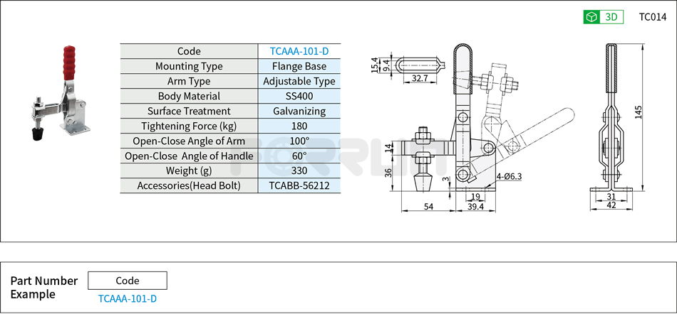 Toggle Clamp (101-D)- Vertical Hold-Down, Flange Base, Tightening Force 180kg Drawing/Specifications