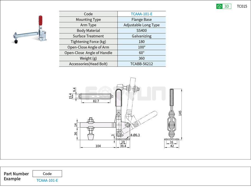Toggle Clamp (101-E)- Vertical Hold-Down, Flange Base, Tightening Force 180kg Drawing/Specifications
