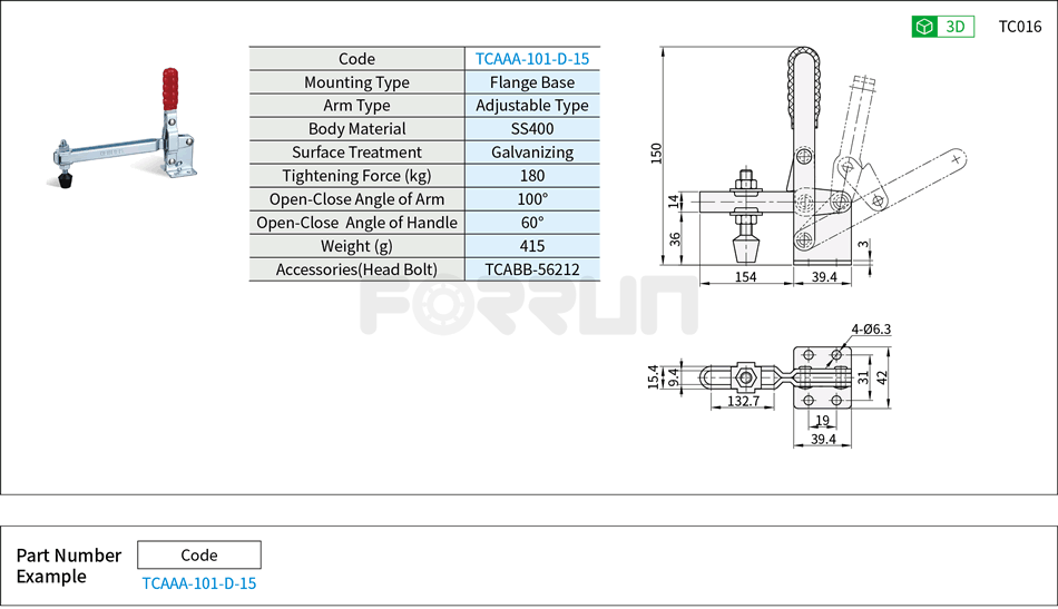 Toggle Clamp (101-D-15)- Vertical Hold-Down, Flange Base, Tightening Force 180kg Drawing/Specifications