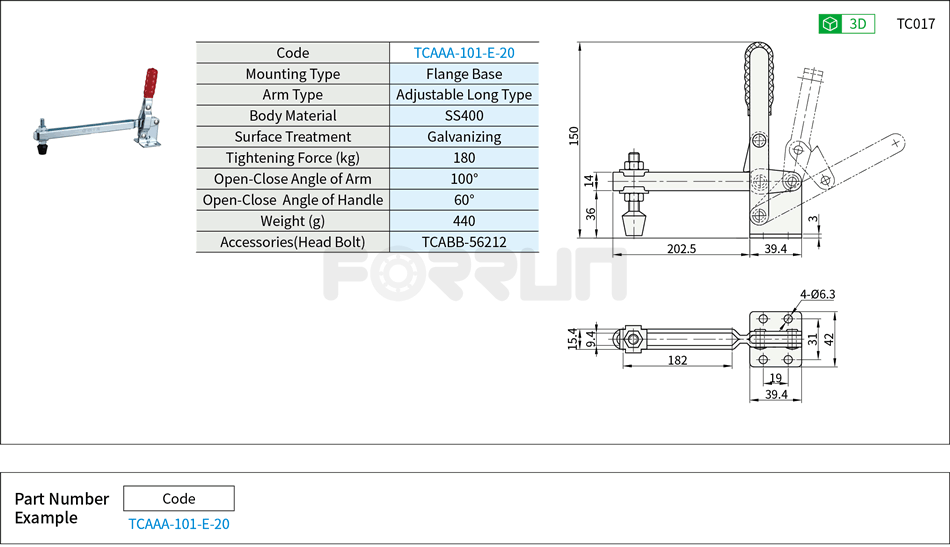 Toggle Clamp (101-E-20)- Vertical Hold-Down, Flange Base, Tightening Force 180kg Drawing/Specifications
