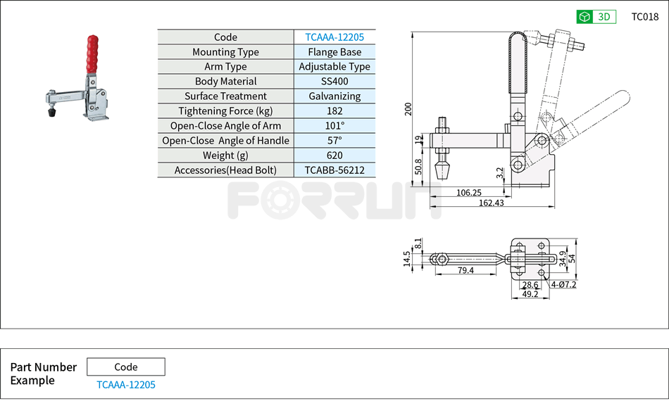 Toggle Clamp (12205)- Vertical Hold-Down, Flange Base, Tightening Force 182kg Drawing/Specifications