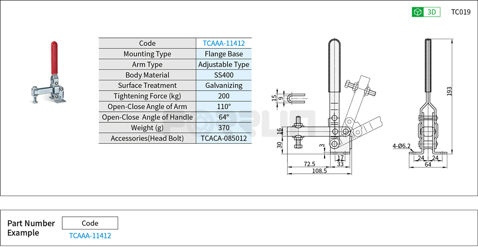 Toggle Clamp (11412)- Vertical Hold-Down, Flange Base, Tightening Force 200kg Drawing/Specifications