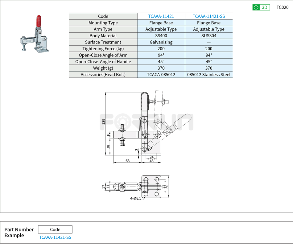 Toggle Clamp (11421、11421-SS)- Vertical Hold-Down, Flange Base, Tightening Force 200kg Drawing/Specifications