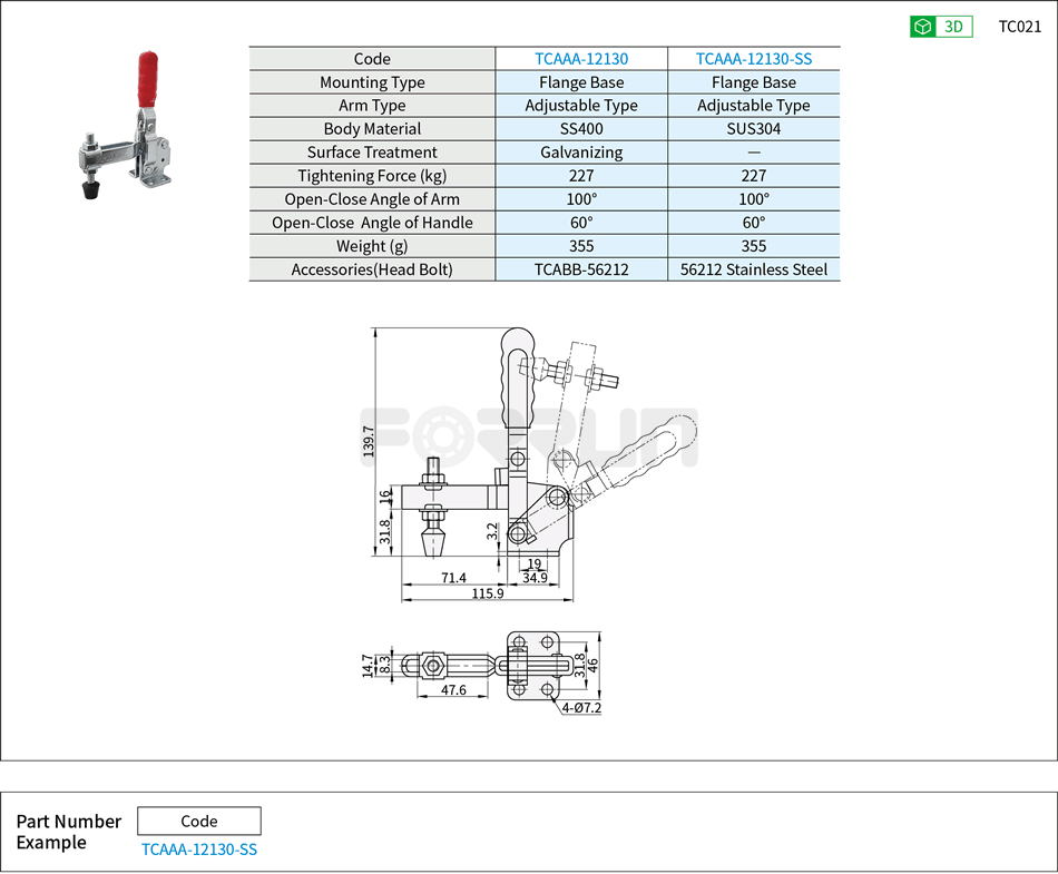 Toggle Clamp (12130、12130-SS)- Vertical Hold-Down, Flange Base, Tightening Force 227kg Drawing/Specifications