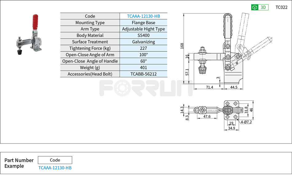Toggle Clamp (12130-HB)- Vertical Hold-Down, Flange Base, Tightening Force 227kg Drawing/Specifications