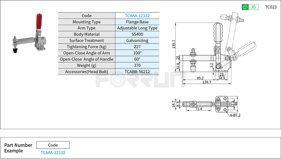 Toggle Clamp (12132)- Vertical Hold-Down, Flange Base, Tightening Force 227kg Drawing/Specifications