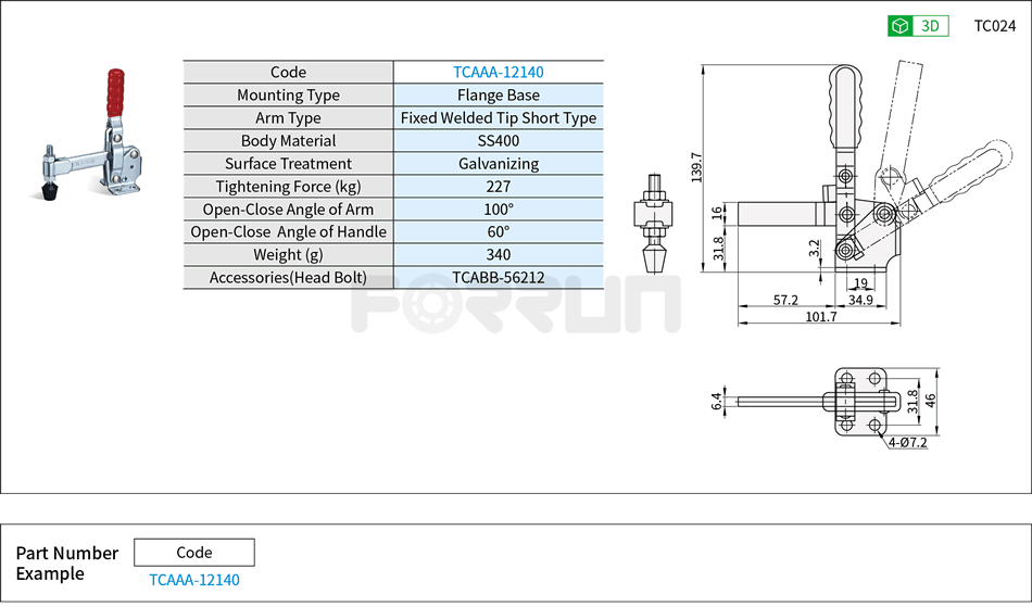 Toggle Clamp (12140)- Vertical Hold-Down, Flange Base, Tightening Force 227kg Drawing/Specifications