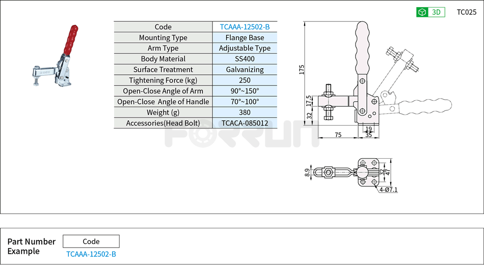 Toggle Clamp (12502-B)- Vertical Hold-Down, Flange Base, Tightening Force 250kg Drawing/Specifications