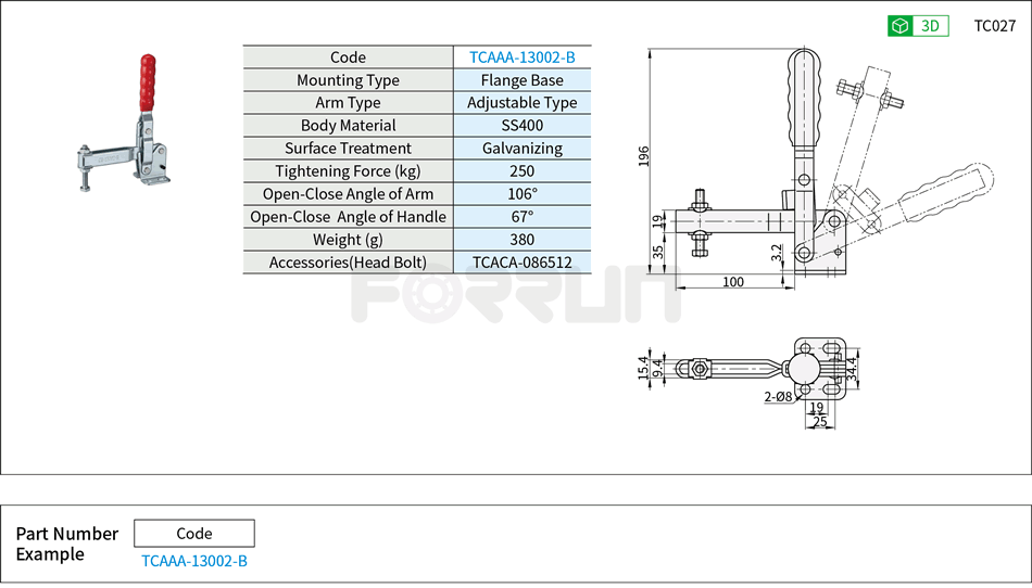 Toggle Clamp (13002-B)- Vertical Hold-Down, Flange Base, Tightening Force 250kg Drawing/Specifications